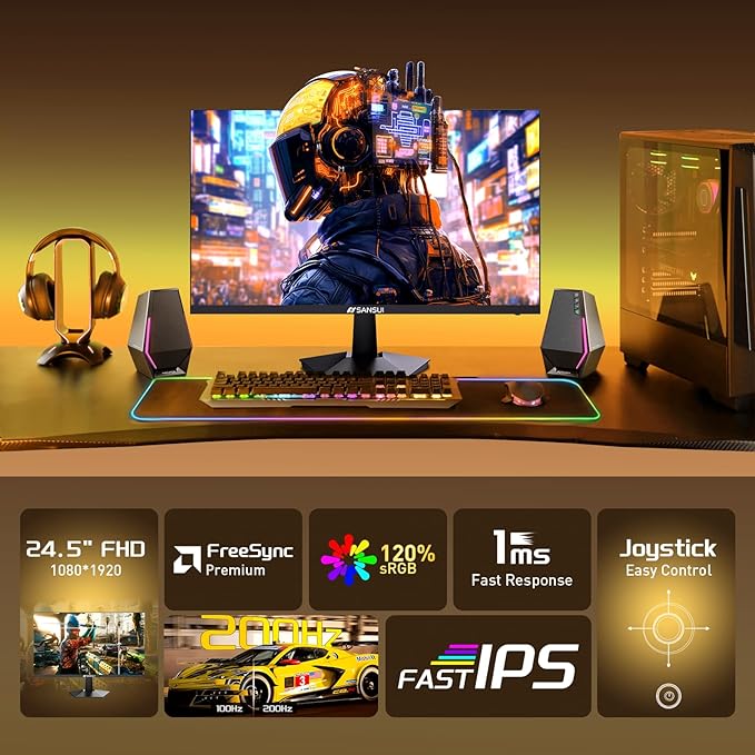 SANSUI 24.5 Inch 200Hz Gaming Monitor, FHD 1080P Fast IPS PC Gaming Monitor, 2 x HDMI2.0, 1 x DP1.4, FreeSync,128% sRGB HDR VESA Mountable (ES-G25X1, One HDMI Cable Included)