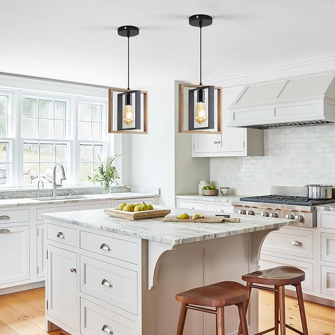 3 Pack Farmhouse Pendant Light Fixture, Black Kitchen Island Pendant Lights, Industrial Metal and Vintage Wood Hanging Light, Adjustable Height Rustic Ceiling Lamp for Entryway, Dining Room, Foyer