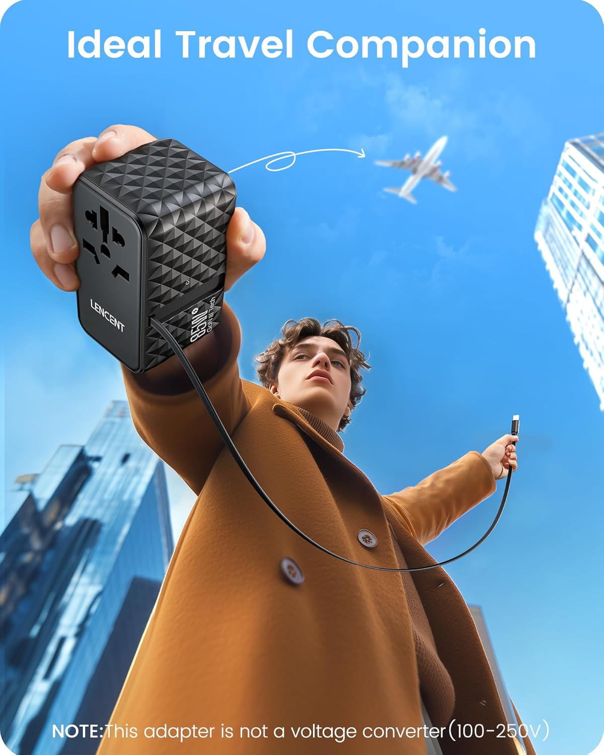 LENCENT 85W Universal Travel Power Adapter with Retractable USB C Cable, GaN International Travel Adapter with 1 USB-A & 3 Type C Fast Charging, Worldwide Plug Adaptor for US to EU UK Type C/G/A/I