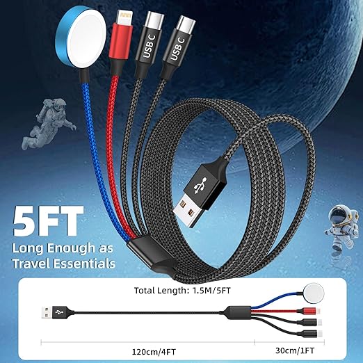 Dual Type-C 4 in 1 Charging Cable for Apple iWatch Charger, Travel Essentials Multi Charging Cable iPhone Charger Cord Compatible with iWatch Ultra/SE/10-1, iPhone17 16 15 14, Android-1Pc 5FT