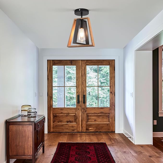2 Pack Kitchen Island Pendant Lights, Black Industrial Metal and Vintage Wood Hanging Light, Mini Farmhouse Chandelier, Adjustable Height Rustic Ceiling Lamp for Entryway, Dining Room, Foyer