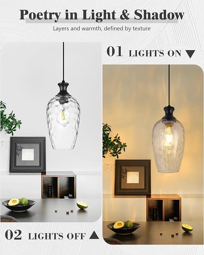 Black Pendant Lights Kitchen Island, Modern Farmhouse Hanging Ceiling Light with Hammered Glass for Dining Room Kitchen Sink