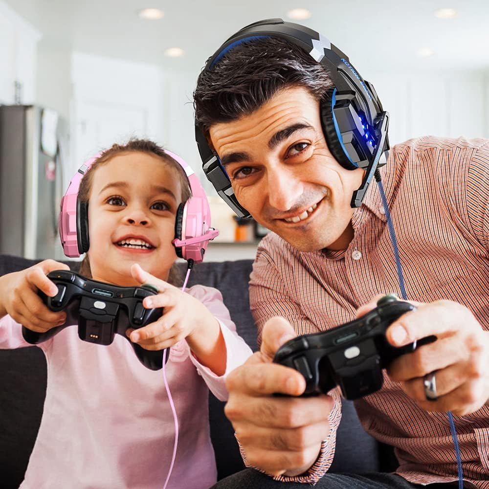 BENGOO G9000 Professional Gaming Headset for PS4, PC, Xbox One Controller, Noise Cancelling Over Ear Headphones with Mic, LED Light, Bass Surround, Soft Memory Earmuffs for Laptop Nintendo - Pink