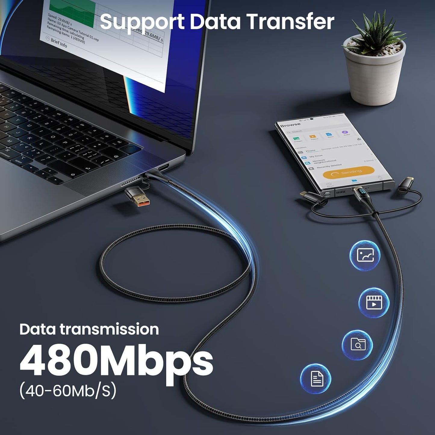 USB C to Multi Charging Cable, USAMS 100W 6.6FT 5A Type C to Type C Fast Charger Charging Cord with LED Display 5-in-1 C/A to C/Micro/IP Sync Charger Adapter Compatible for Laptop/Tablet/Phone