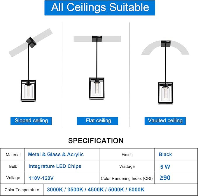 MELUCEE Black Pendant Lights Kitchen Island 1-Light, 5 Color Dimmable Led Pendant Light Ceiling Hanging Over Sink with Crystal Bubble Glass, Modern Integrated LED Hanging Light Dining Room Lighting