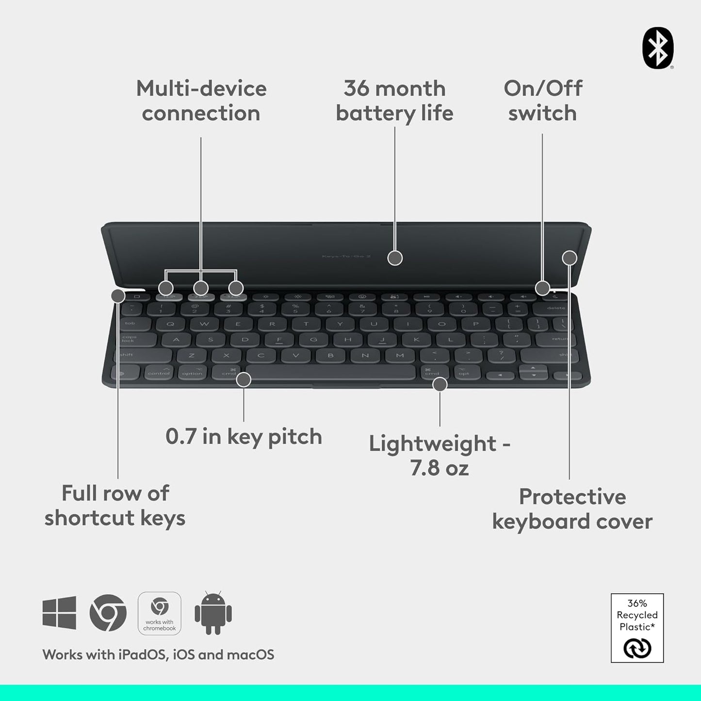 Logitech Keys-to-GO 2 Portable Wireless iPad Keyboard with Built-in Cover, Slim and Compact Bluetooth Keyboard for iPad, iPhone, Mac, and Apple TV, Easily Switch with Devices - Graphite