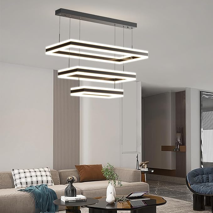 Modern Chandelier, 3 Layer Rectangle Pendant Light Fixtures, 3000K-6500K Dimmable Kitchen Island Chandelier, Adjustable Height Ceiling Hanging Led Light for Dining Room, Living Room, Foyer