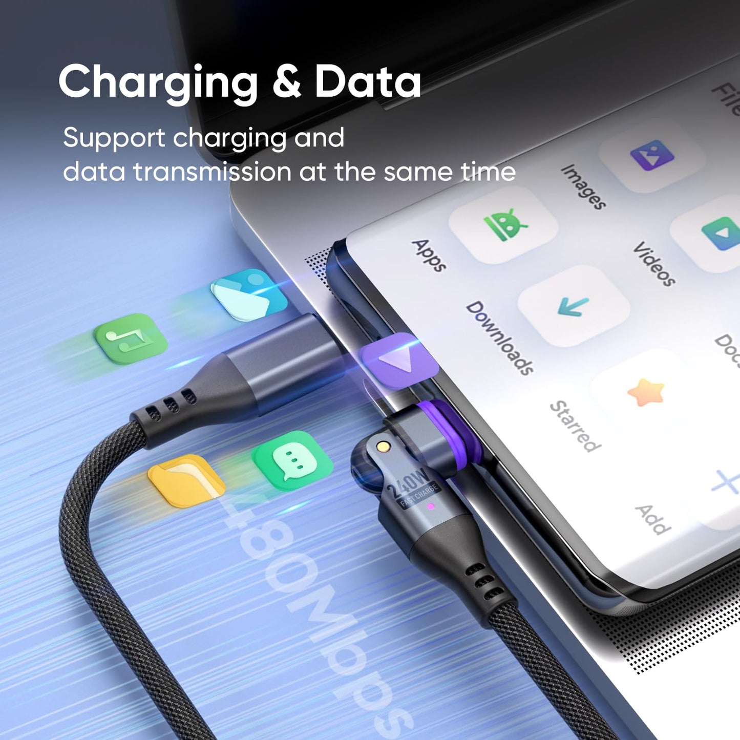 240W Rotating USBC to USB C Magnetic Data Cable, 3ft for Laptop/Tablet/Smart Phone