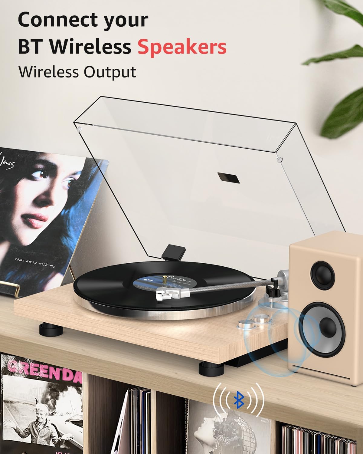 Turntable Record Player Wireless Output Carbon Fiber Tonearm Vinyl Player Aluminium Platter Belt-Drive LP Turn Tables 33 1/3&45 RPM Audio Phono RCA Line Out AT-3600L MM Cartridge Pale Walnut White