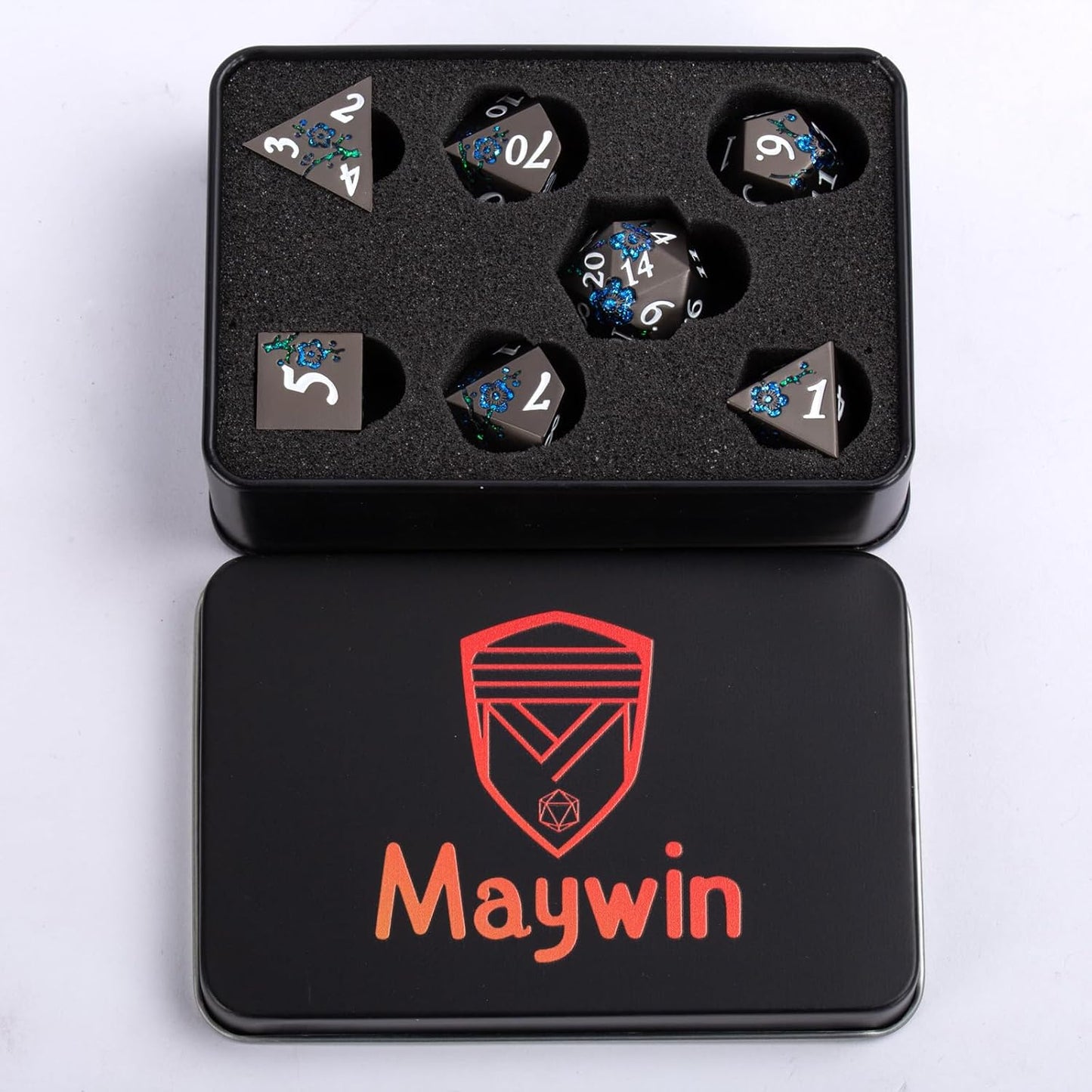 Metallic Glitter Flowe Dice Set,7pcs DND Polyhedral Dice Set with Gift Box,Metal Polyhedral RPG Dice for Table Game(Pearl Gun-Blue)