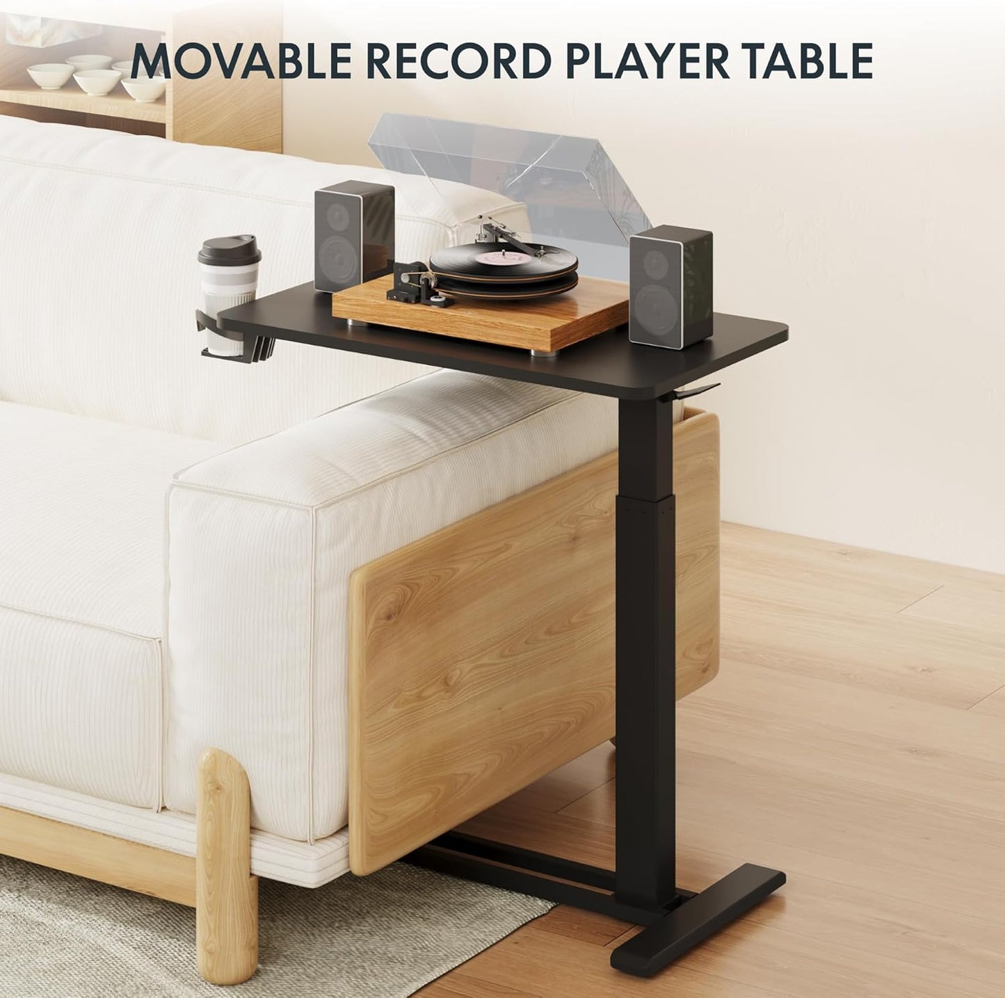 FLEXISPOT H7 Adjustable Overbed Bedside Table with Wheels Pneumatic Mobile Standing Desk Laptop Desk Rolling Computer Cart Movable Overbed Tables Hospital Home Use(27.6" W x 15.7" D, Black Table)