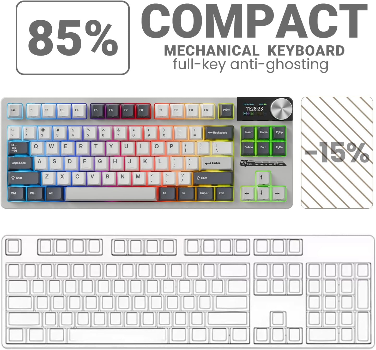 RK ROYAL KLUDGE S85 Wireless Mechanical Keyboard, TKL Keyboard with Display & Ratchet Knob, Triple-Mode Bluetooth/2.4GHz/USB-C, Custom Linear Silent Switches, 7200mAh Battery, Hot Swappable, 85 Keys