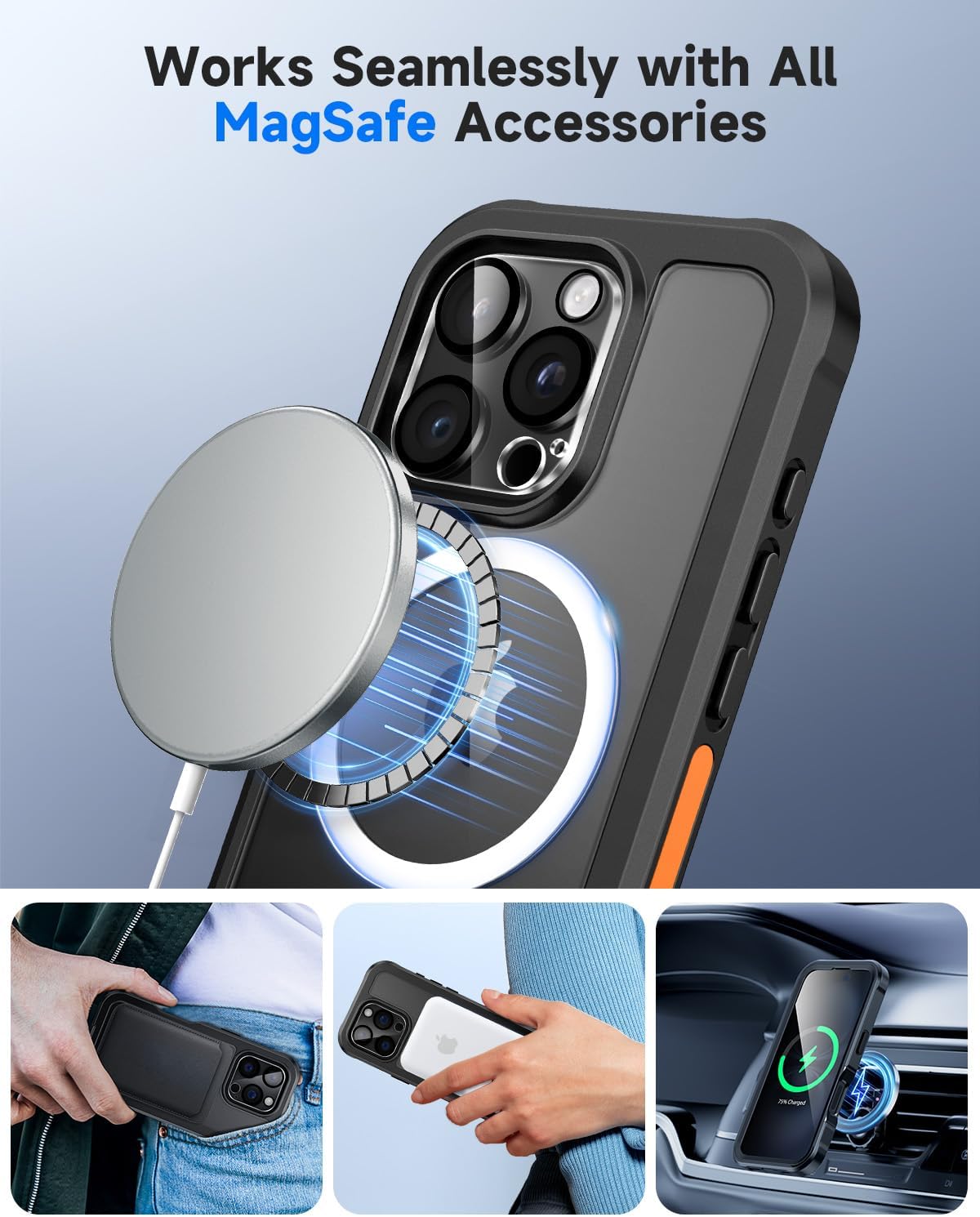 seacosmo for iPhone 16 Pro Max Case, Full Body Bumper with Built-in 9H Tempered Glass Privacy Screen Protector and Camera Lens Protector, Compatible with MagSafe, Shockproof Phone Cover, 6.9", Black