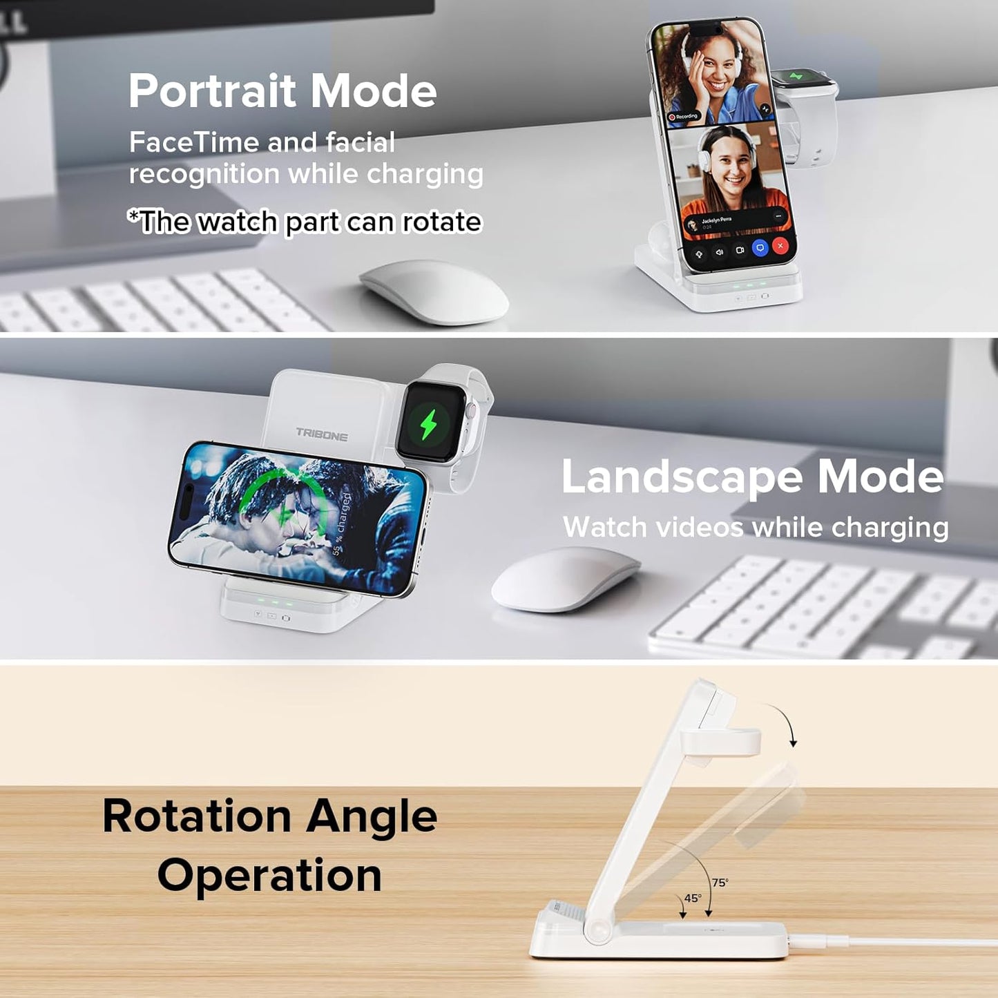 Wireless Charger, Tribone 3 in 1 Foldable Fast Charger for iPhone 16 15 14 13 12 11 Pro Max XR XS 8 Plus,for Multiple Devices,for Apple Watch 10 9 8 7 6 5 4 3 2 SE Ultra,for AirPods Pro 4 3 2 (White)