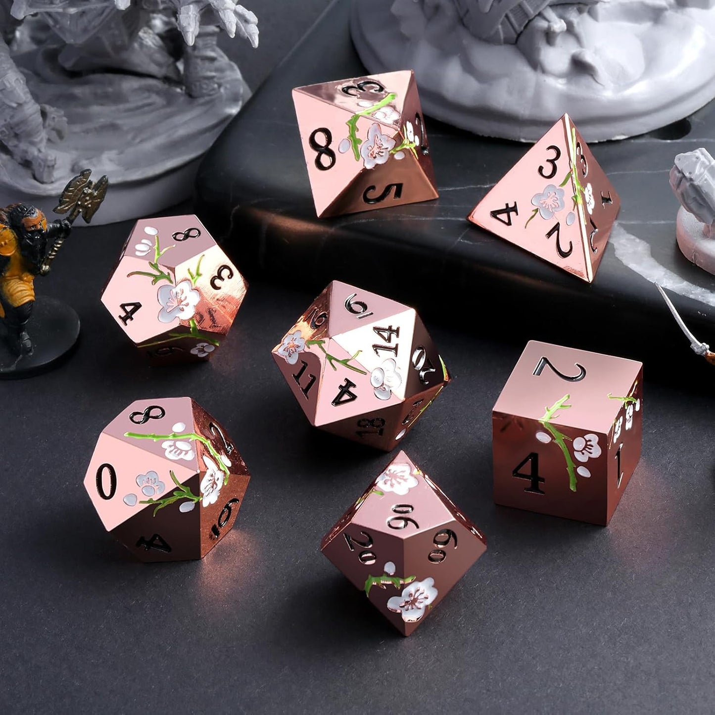Metal Dice Set D&D, DNDND 7 PCS Flower Metallic DND Dice Set with Gorgeous Gift Case for Dungeons and Dragon Tabletop Game (Gold with White Flower)