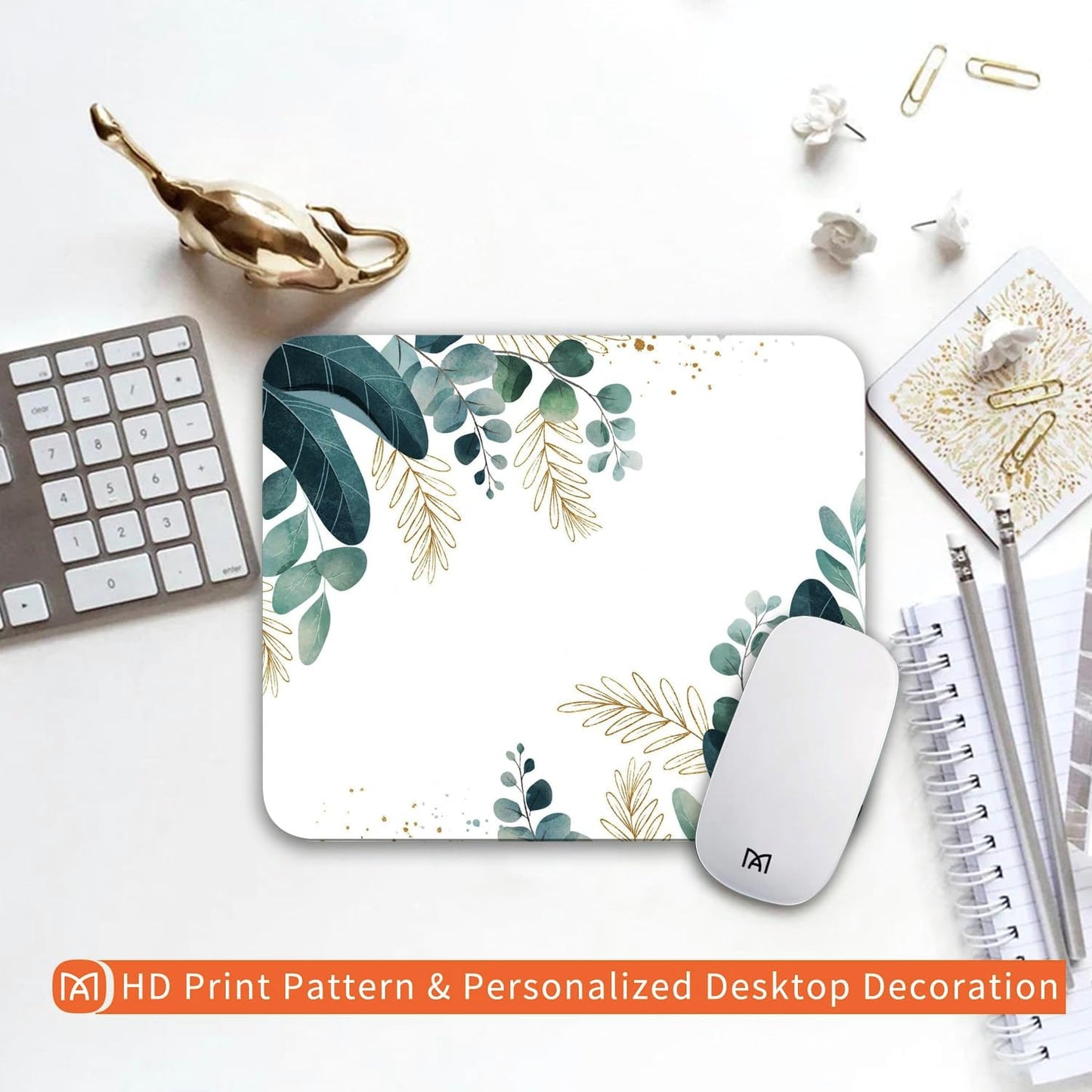 Square Mouse Pad Green Leaves, Personalized Premium-Textured Custom Mouse Mat Design, Washable Mousepad Cloth, Non-Slip Rubber Base Computer Mouse Pads for Wireless Mouse