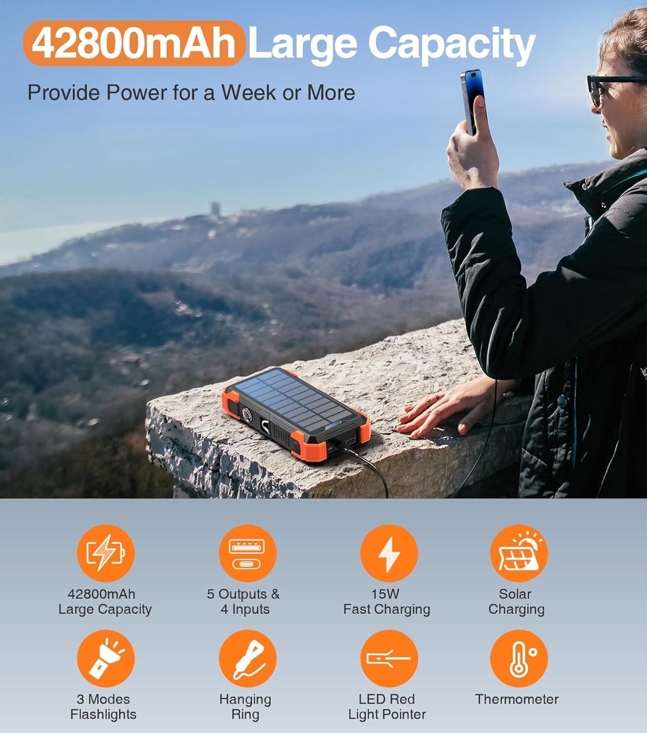 Solar Charger Power Bank, 42,800mAh Wireless Portable Charger with USB-C in/Output, QC3.0 Fast Charging 15W 4 Ports Outdoor Battery Pack Built-in LED Flashlight, for iPhone, Galaxy, iPad etc