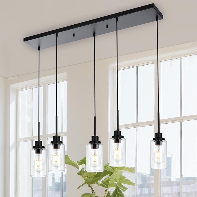 MELUCEE Black Pendant Lights for Kitchen Island, 5-Light Dining Room Light Fixtures Linear Chandeliers with Clear Glass Shade, DIY Hanging Lamp Ceiling for Dining Room Kitchen Bar