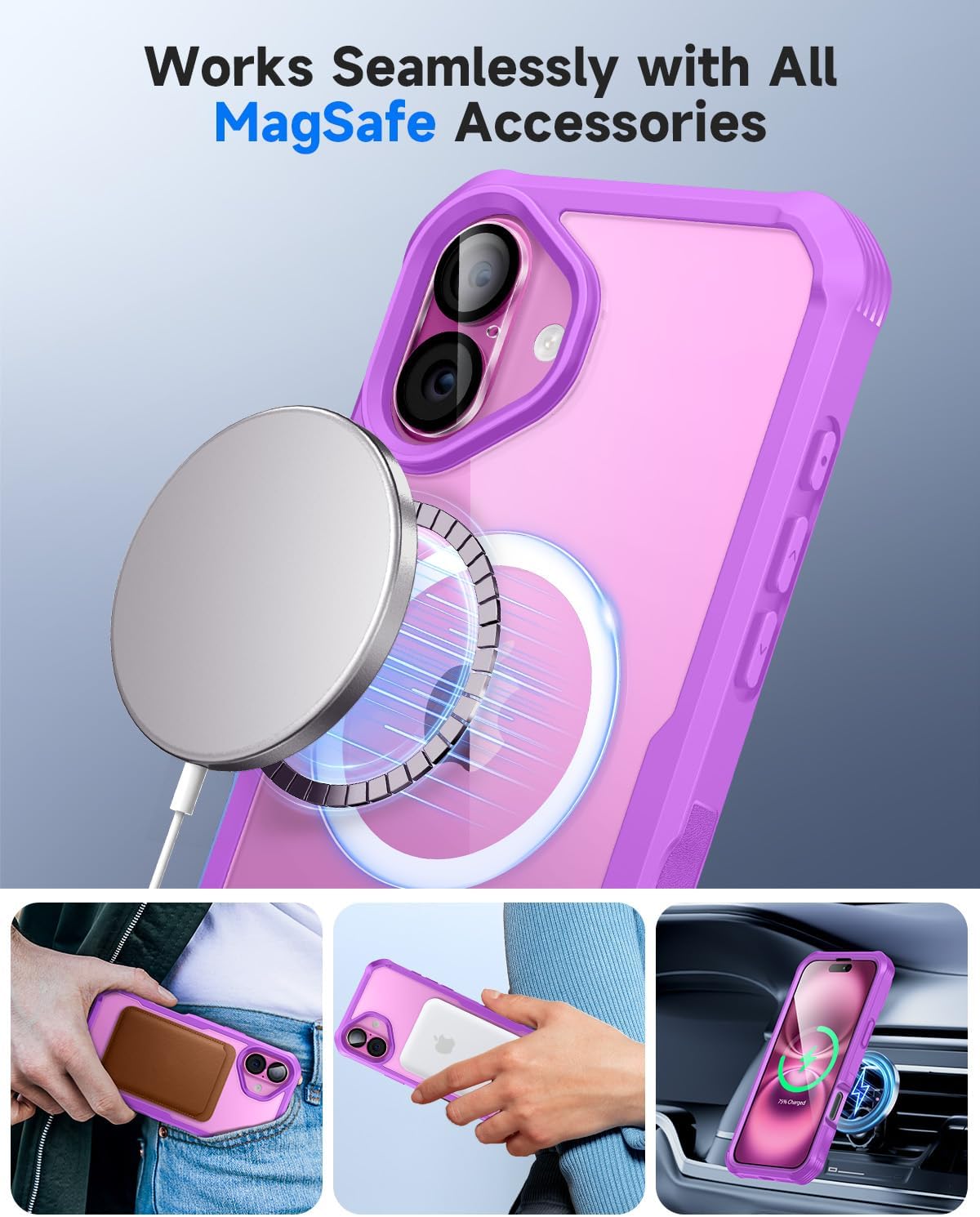 seacosmo for iPhone 16 Plus Case, Full Body Bumper with Built-in 9H Tempered Glass Privacy Screen and Camera Lens Protector, Compatible with MagSafe, Shockproof 16 Plus Phone Case, 6.7", Fuchsia Pink