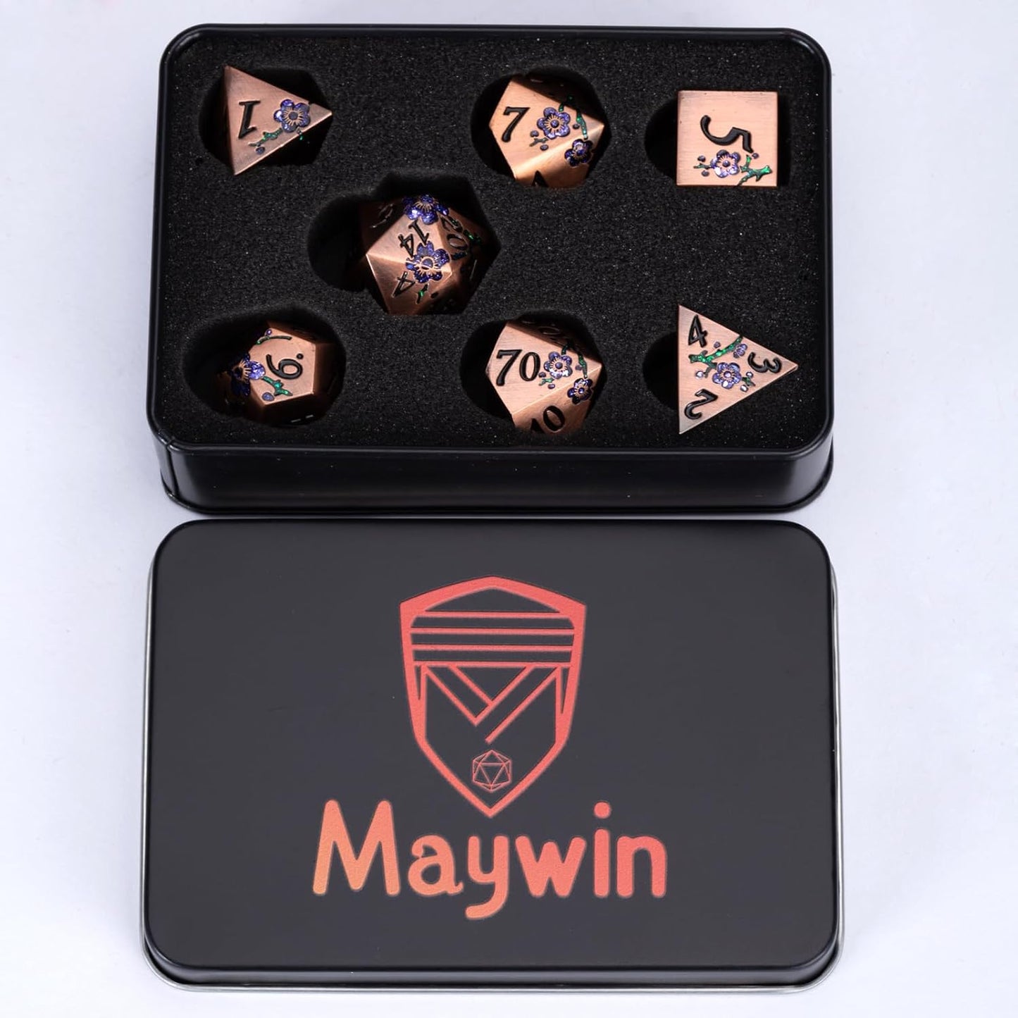 Metal DND Dice Set, Dungeons and Dragons Metallic Flower Dice with Gift Case, Polyhedral Dice Sets for Tabletop Games (Antique Red Copper - Purple)