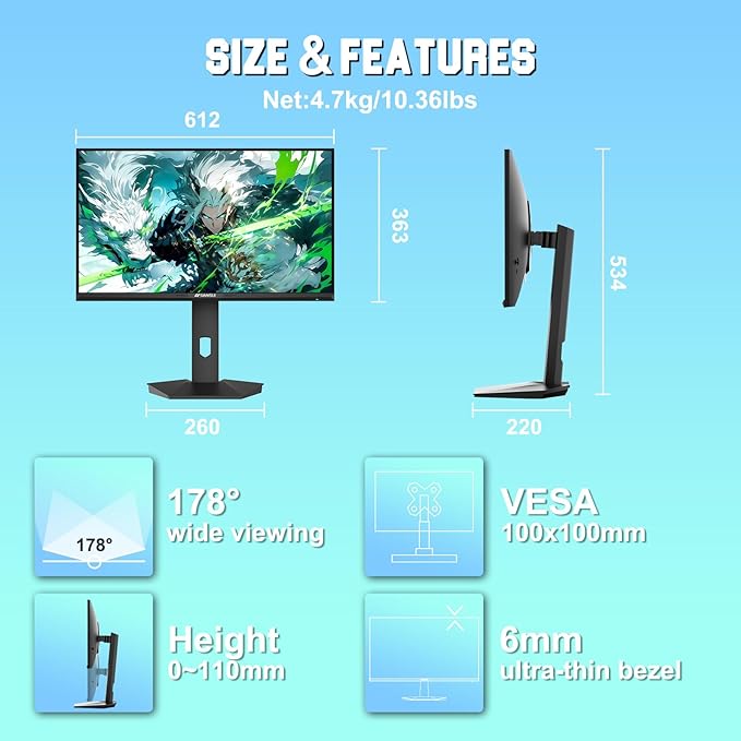 SANSUI Gaming Monitor 27" 1440P 200Hz 180Hz WQHD 2560×1440-AMD FreeSync 1ms DCI-P3 95% Fast IPS Computer Monitor,Height Adjustable Vertical/Horizontal Rotating, 2×DisplayPort/HDMI 丨HDR丨Low Motion Blur
