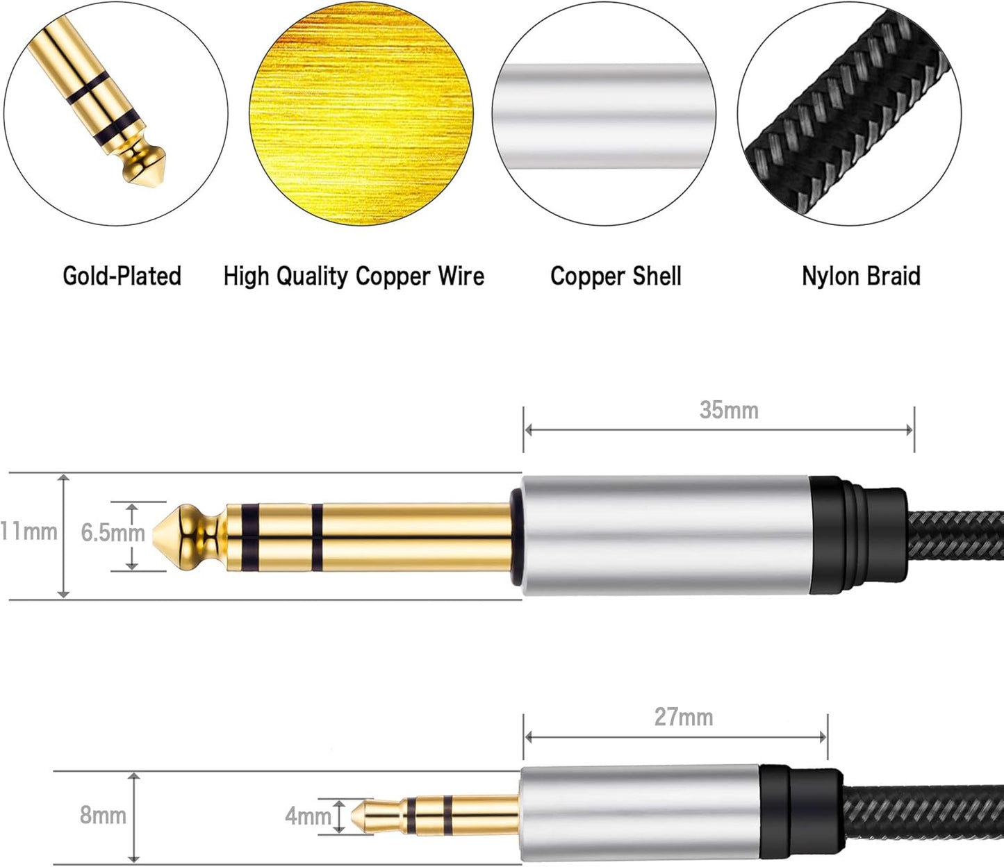 3.5 mm to 6.35 mm Audio Cable 40Ft, Gold-Plated Terminal Silver Color Zinc Alloy Housing 3.5mm 1/8" Male TRS to 6.35mm 1/4" Male TRS Nylon Braided Stereo Audio Cable for Cellphone and More(40Ft/12M)