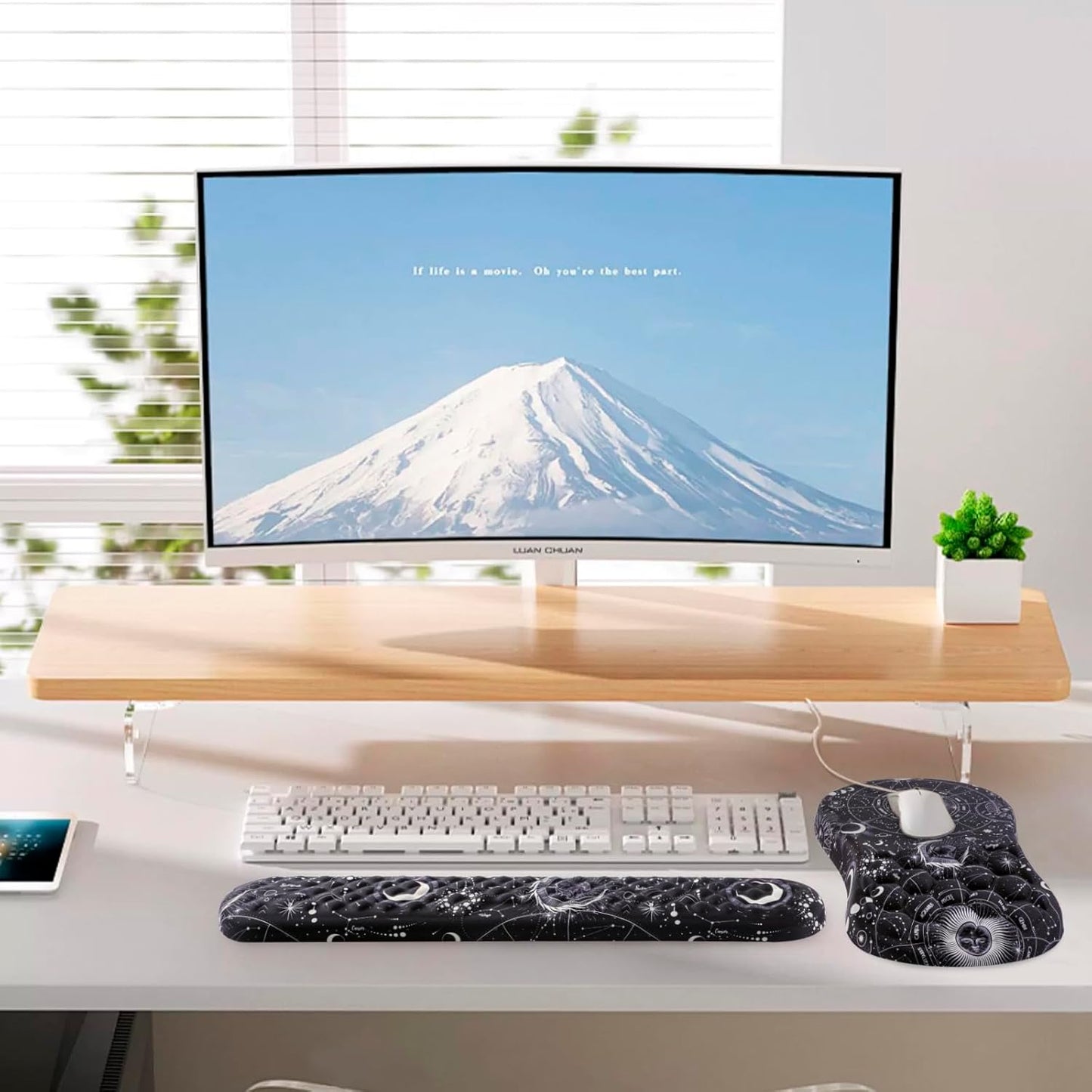 Mouse Pad Wrist Support, 2 in1 Keyboard Wrist Rest+ Ergonomic Mouse Pad, Non-Slip Wrist Rest for Computer Keyboard, Made Easy Typing & Relieve Wrist Pain(Sun Moon)