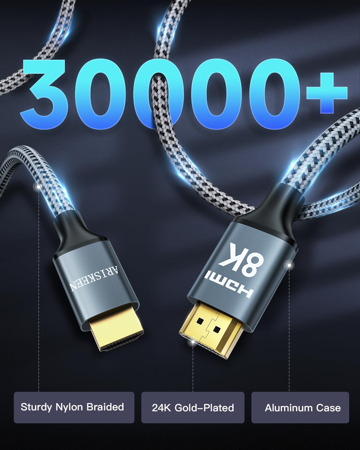 ARISKEEN 8K HDMI Cable 40FT, 48Gbps High Speed HDMI 2.1 Cable, 8K 60Hz, 4K 120Hz 144Hz Support for HDR 10, HDCP 2.2 2.3, eARC, DTS:X, Braided HDMI Cord Compatible with Laptop/HDTV/Monitor - 40 Feet