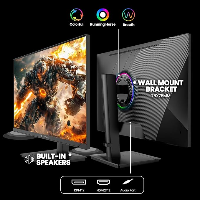 CRUA 27'' Gaming Monitor 360HZ 2k 1440P 120%sRGB IPS Computer Display Screen, Height/Pivot/Swivel/Tilt Adjustable Vertical Monitor Support FreeSync,Built in Speaker, DP1.4 & HDMI2.1, Wall Mount-Black