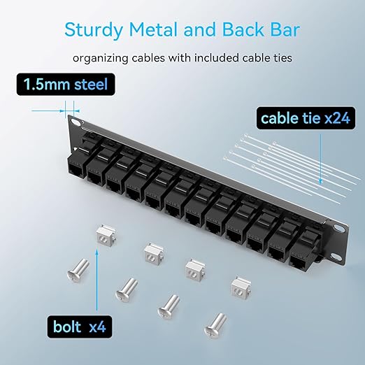 Mini Patch Panel 12 Port Cat6 with Coupler Keystone, Cat6 Network Panel 10G No Punch Down, Time-Saver Ethernet 1U Rj45 Panel, Rackmount 10 Inch Coupler Patch Panel
