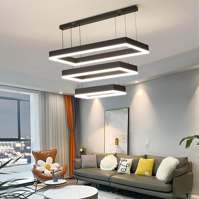 Modern Kitchen Island Pendant Light, Rectangle Dimmable LED Chandelier, 3 Layer Adjustable Ceiling Light Fixture for Dining Room, Living Room, Bedroom, 3000K-6500K, Black Foyer Hanging Light