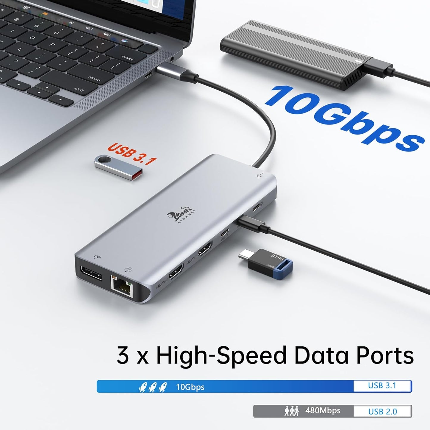 LIONWEI Laptop Docking Station 13 in 1 - Dual HDMI+DisplayPort+10Gbps, 6 USB C/A, 100W PD, Ethernet, SD/TF, Audio, USB C Hub for MacBook/Dell/HP/Surface