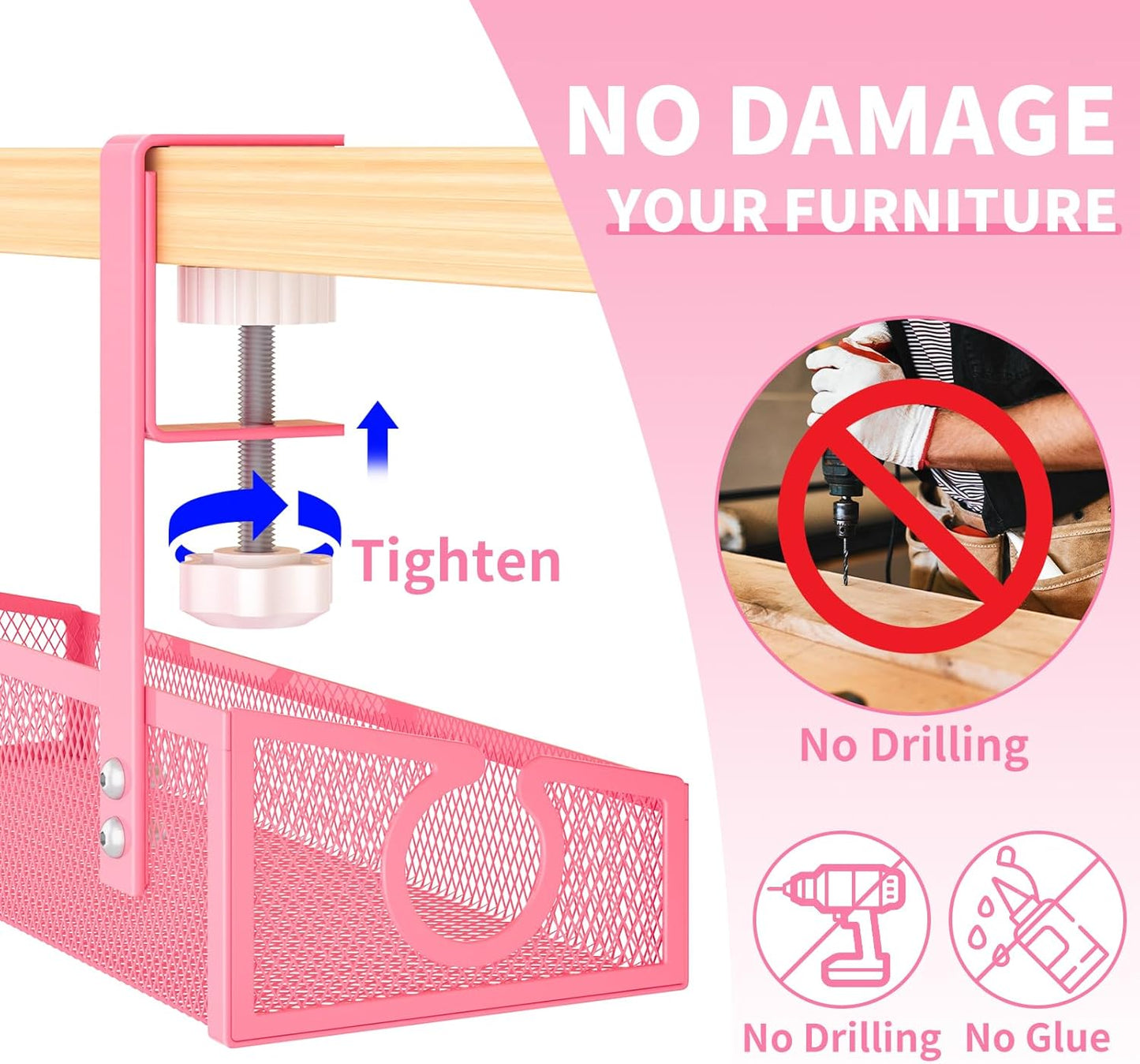 Under Desk Cable Management Tray Black, No Drill Desk Cable Wire Management Organizer with Clamp, PC Cord Organizer Accessories & Workspace for Office, Home๏ผPink๏ผ