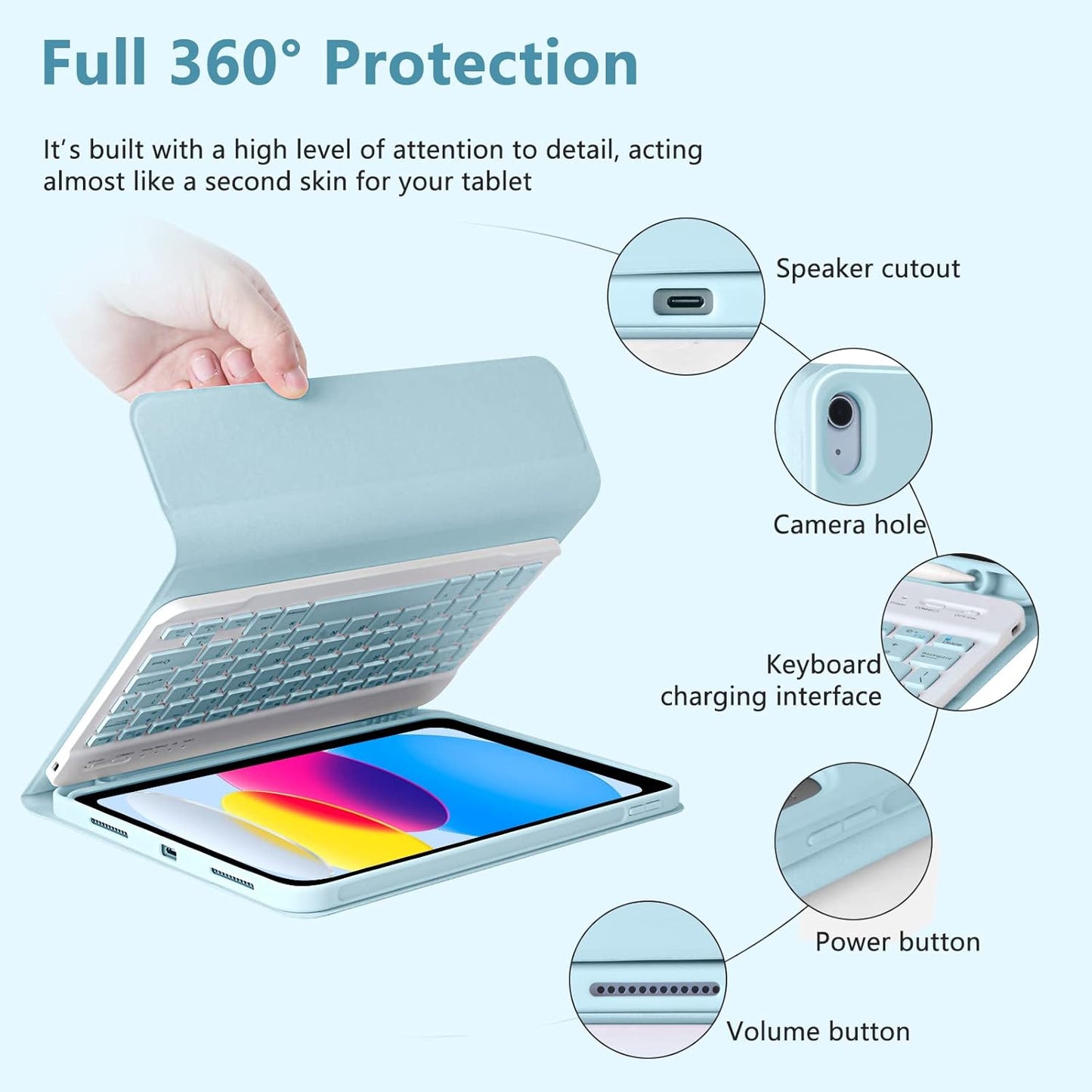 MMK iPad A16 Case (2025, 11"), iPad 10th Generation Case with Keyboard (2022, 10.9"), Wireless Detachable Keyboard, Pencil Holder (Blue)