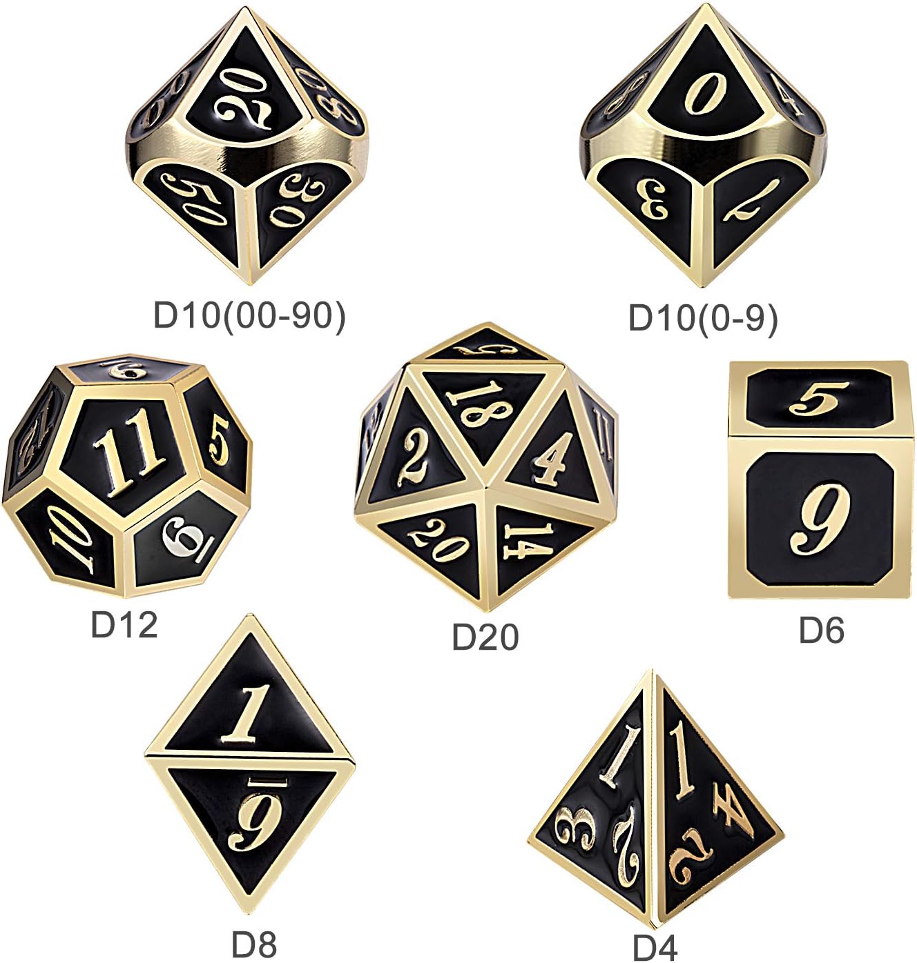 DNDND Metal Dice Set D&D, 7 die Metallic Polyhedral Dice Set with Gift Metal Box and Gold Number for DND Dungeons and Dragons Role Playing Games (Black and Gold)