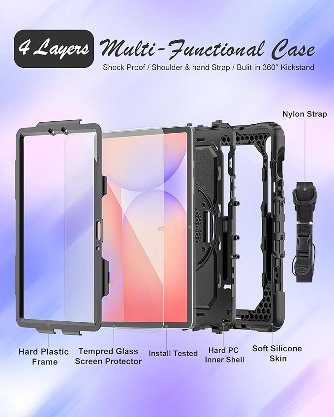 Case for Samsung Galaxy Tab S10 Lite/ S10 FE / S9 FE 10.9 Inch / S9 11'' 5G Protective with Screen Protector/Pen Holder/Hand Strap, Heavy Duty Shockproof Tablet Cover for S10 Lite, Black