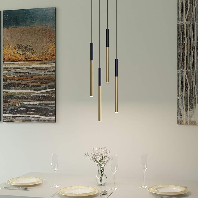 ALTAIR 4 Mini Pendant Lighting Black-Brass - LED Hanging Light Fixture for Kitchen Island, Bar, Foyer - Cluster Pendants - Dimmable, Adjustable Wire, Lamp Bulb Included