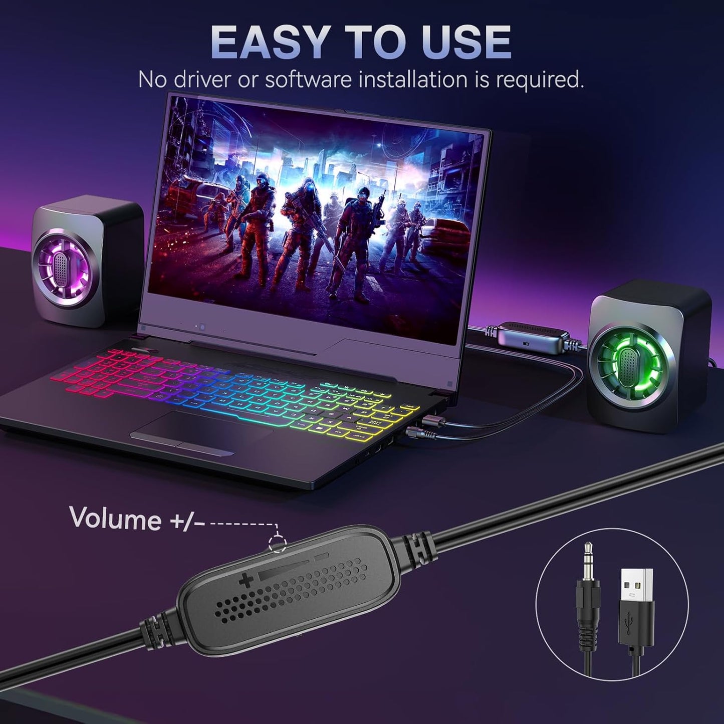 Computer Speakers,RGB PC Speakers, USB Powered 3.5mm Aux Speaker for Desktop, PC, Laptop, Tablet - Small Computer Speakers | Clear Sound & 7-Color Dynamic Lighting