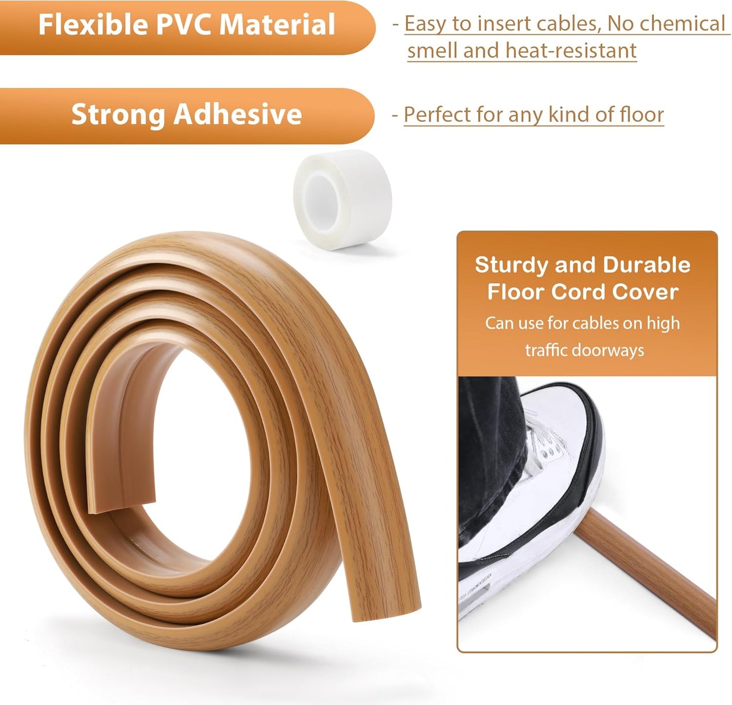 Floor Cord Cover 6ft, Cord Hider Floor Beige Maple Wood, Floor Cable Management Prevent Cable Trips, Floor Cable Cover Wire Covers for Electric Power Cords, Cord Protector Cord Cavity W0.47in H0.28in