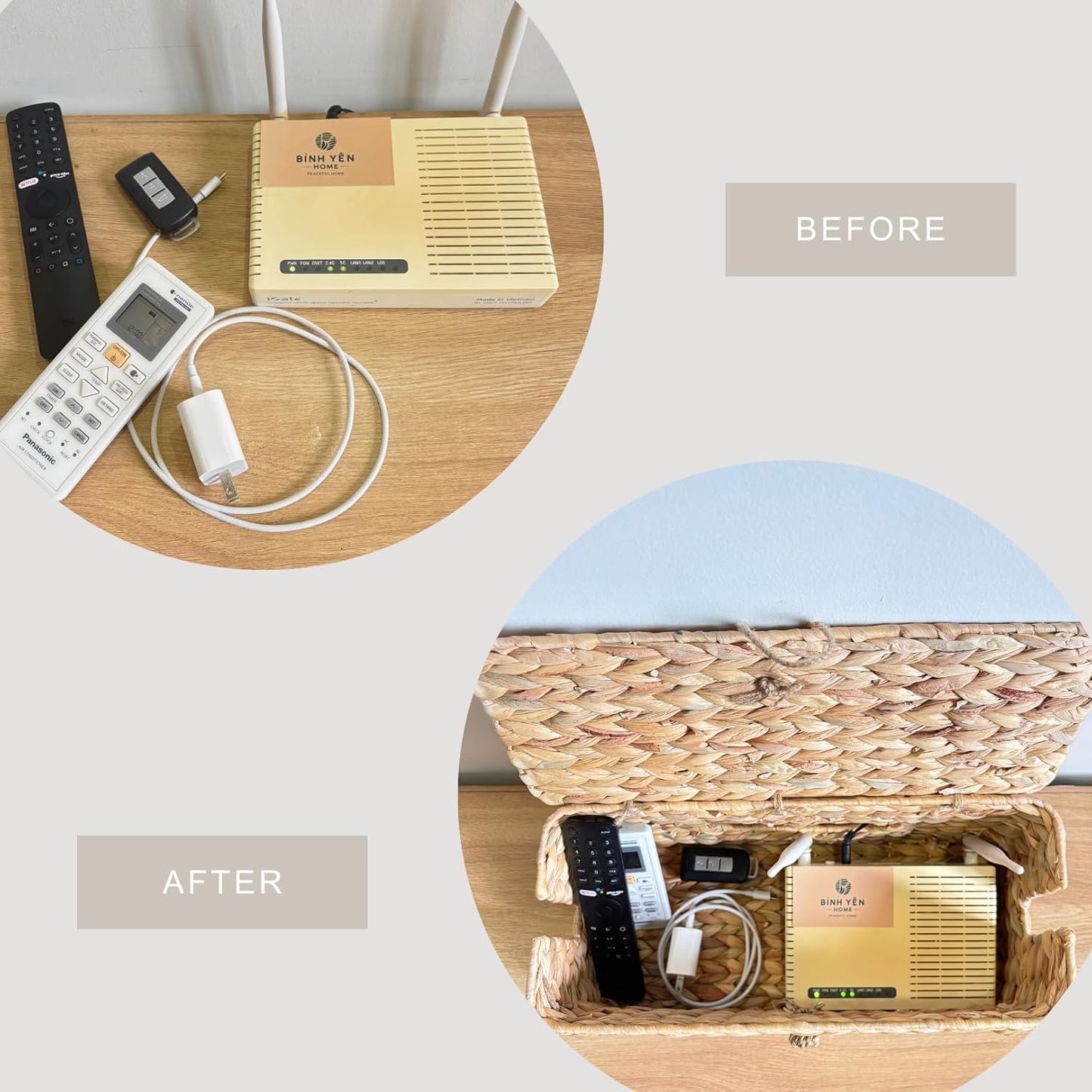 Wicker Cable Management Box with Lid, A Handwoven Water Hyacinth Cords Hider Box for TV, Computer, Router, USB Hub to Hide Cords & Power Strip for Desk, Floor, Office, 16x6.9x6.9ā