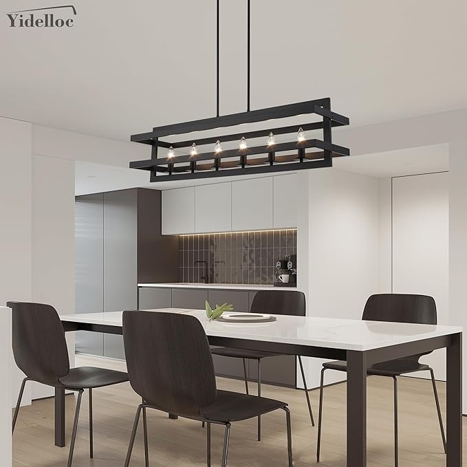 Black Chandeliers Rectangle Pendant Lights Kitchen Island Farmhouse Dining Room Light Fixtures 6-Lights Modern Chandelier for Living Room Kitchen