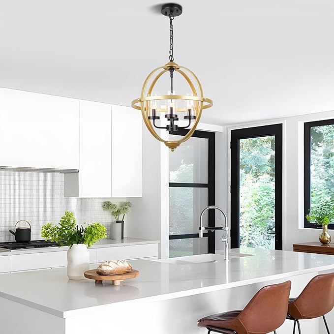 Treekee Chandelier Farmhouse Hanging Lighting, 4-Light Globe Orb Chandelier, Adjustable Modern Farmhouse Pendant Light Fixture for Dining Entryway Foyer, Gold
