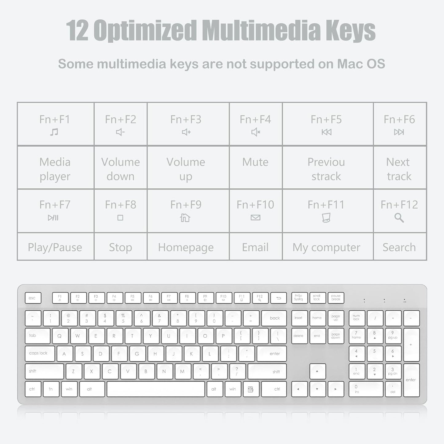 LeadsaiL Wireless Keyboard, 2.4GHz Full-Sized Ergonomic Computer Keyboard, Cordless Noiseless Keyboard,12 FN Shortcuts for Windows MacOS Laptop Computer - White and Grey