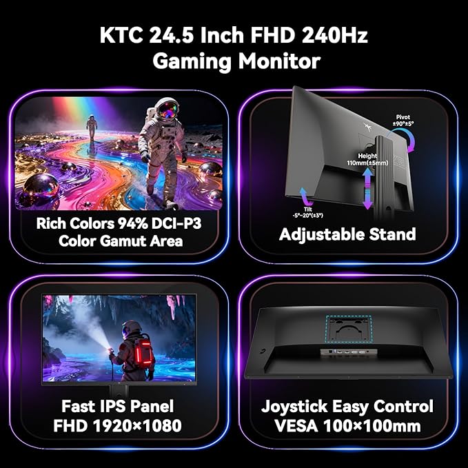 KTC 24.5 Inch 240Hz Gaming Monitor, FHD 1080p Fast IPS Computer Monitor, 1ms with Adaptive-Sync, HDR400, HDMI x2, DPx1, VESA Mount, Tilt/Pivot/Height Adjustment, H25T7-3