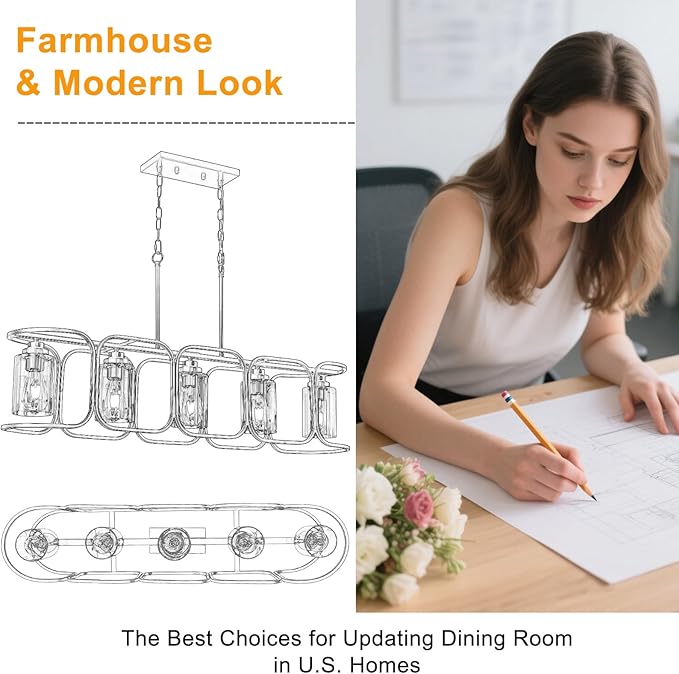 40" Dining Room Light Fixture/Chandelier Over Table, 5-Light Black Kitchen Island Lighting with Clear Glass Shade Farmhouse Linear Hanging Pendant Lights Fixture for Kitchen Island Dining Room Bar
