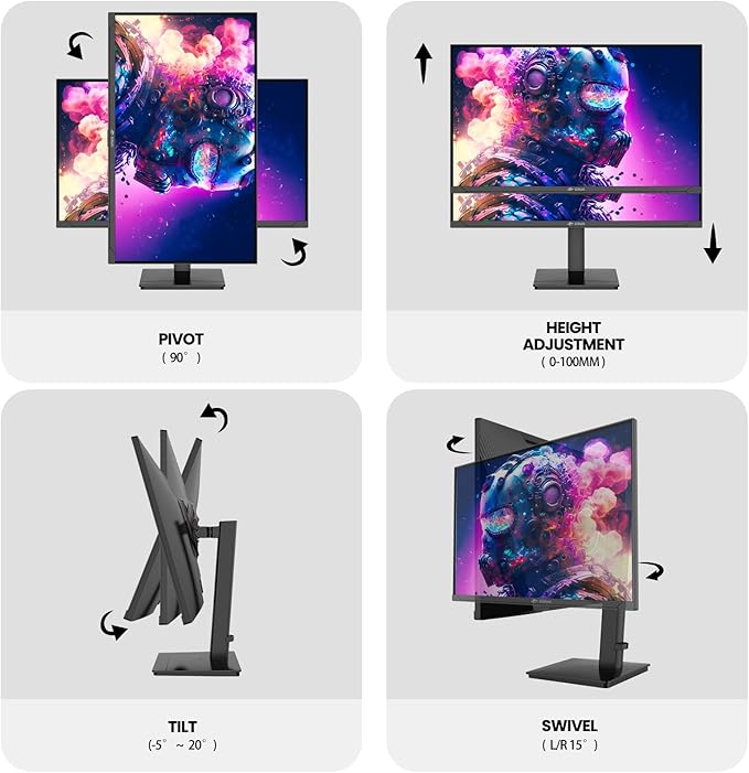 CRUA 27” Gaming Monitor, IPS UHD (3840x2160) Dual Mode (4K 144Hz or FHD 300Hz), 120% sRGB, Support Rotating/Vertical, AMD FreeSync, Built-in Speakers, HDMI 2.1 & DP 1.4, Wall Mount Install-Black