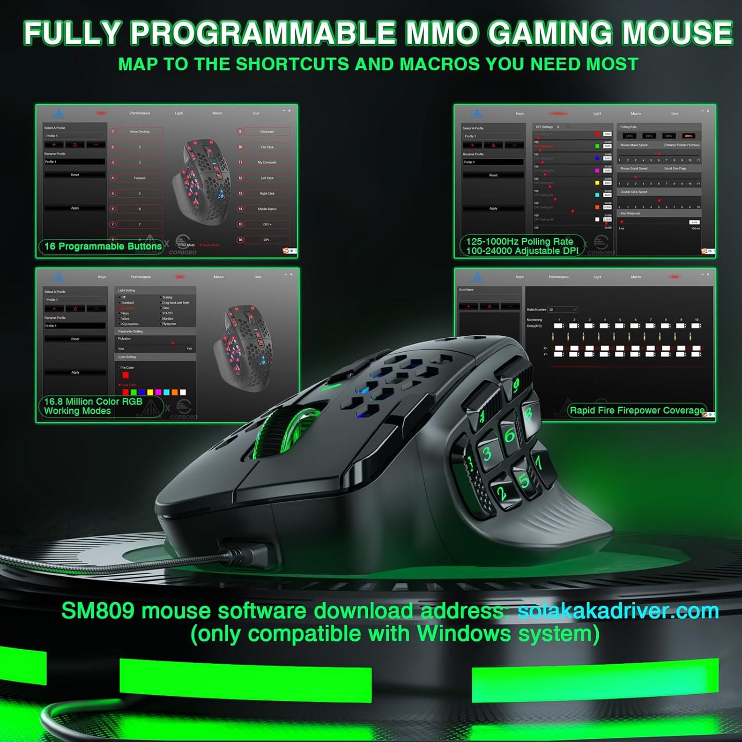 SOLAKAKA SM809 Wired MMO Gaming Mouse, with 9 Side Buttons RGB Mouse, 24000 DPI High-Precision Optical Sensor, Ergonomic Mice, 16 Programmable Macro Shortcuts/Remapping PC Gaming Mouse for FPS Games