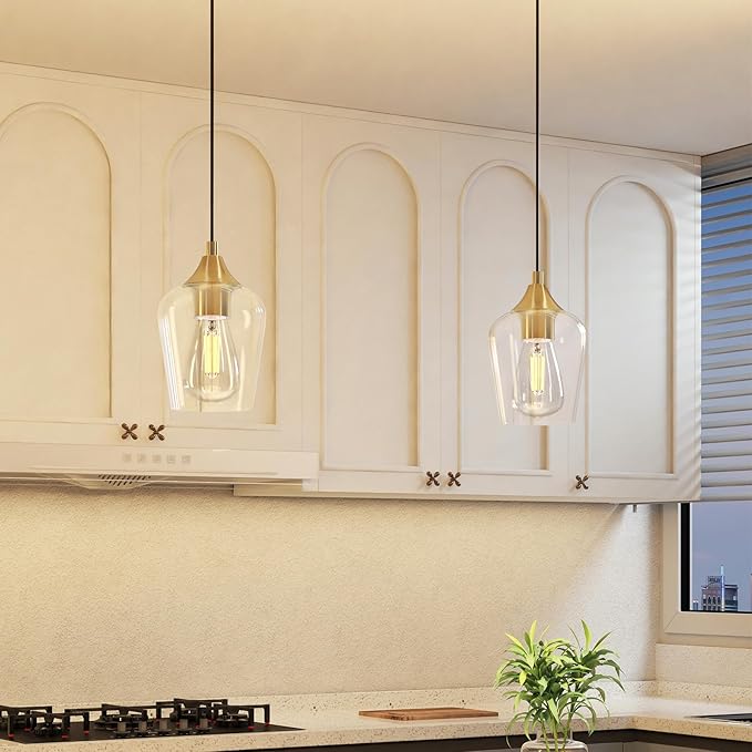 VONLUCE Pendant Lights Kitchen Island, Brushed Gold Pendant Light Fixtures with E26 Base & Adjustable Cable, Modern Pendant Lighting with Glass Shade for Living Room Bedroom Hallway, 2 Packs