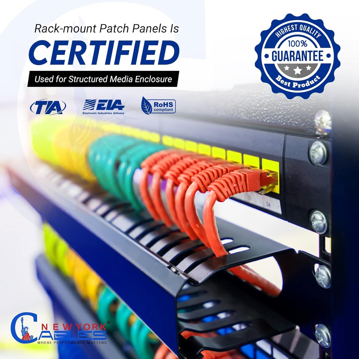 NewYork Cablesยฎ Blank Keystone 48 Port Cat6 Patch Panel - 10Gb Ethernet 2U Horizontal Rack Mount, Color-Coded T568A/B Labels, Network for Data Centers, Server Rooms, Unloaded, Unshielded.