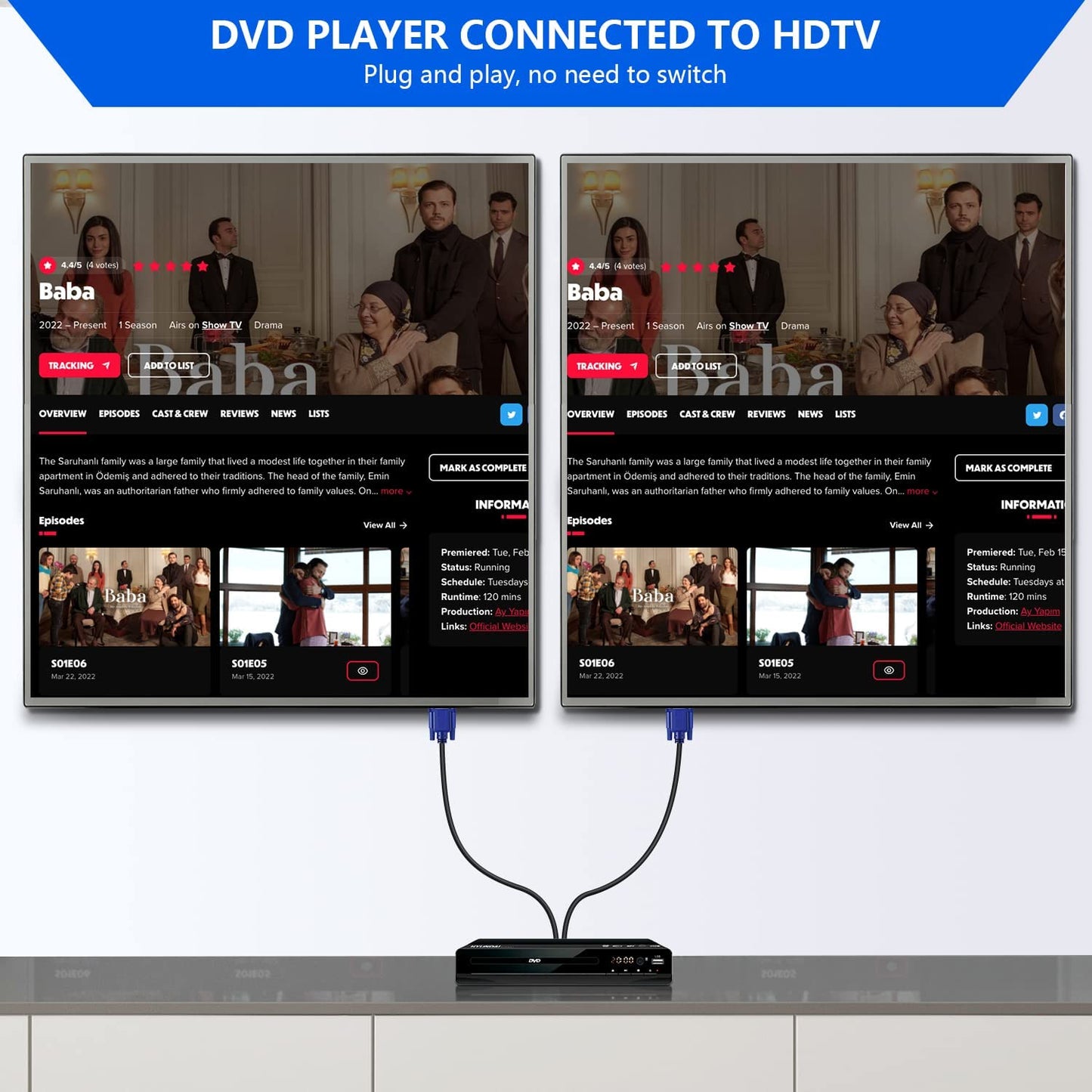 PASOW VGA Splitter Cable (No Screen Extension) 1 Male to 2 Male Dual Monitor Y Adapter 1080P Full HD for projectors, HDTVs, Monitors (5 Feet) - Only for Screen Duplication - Work for Identical Monitor
